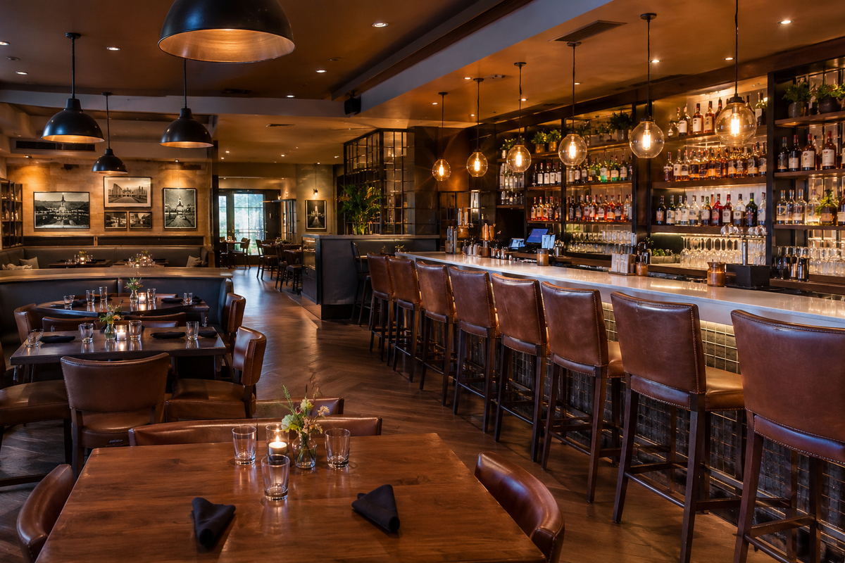 The Board Room restaurant interior with warm lighting, dining tables, and a bar in Libertyville, IL.  