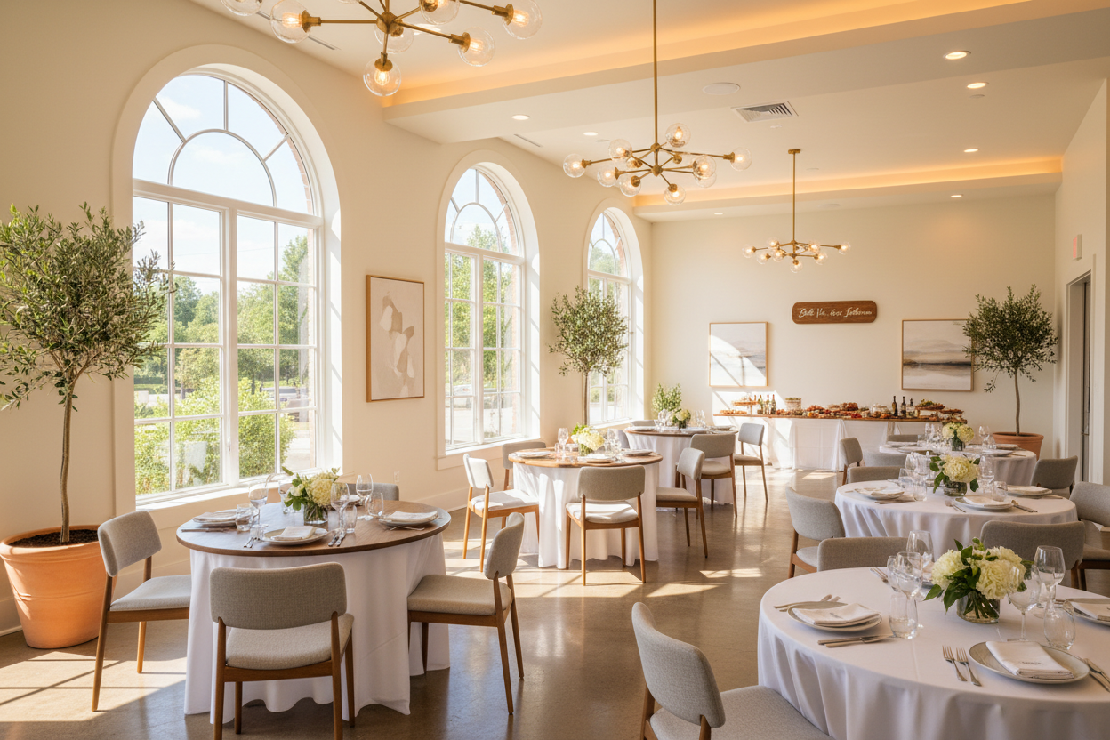 Bella Vie Lounge and Solarium at The Board Room Libertyville set up for a private event, featuring round tables with white linens, floral centerpieces, and natural light from large windows.