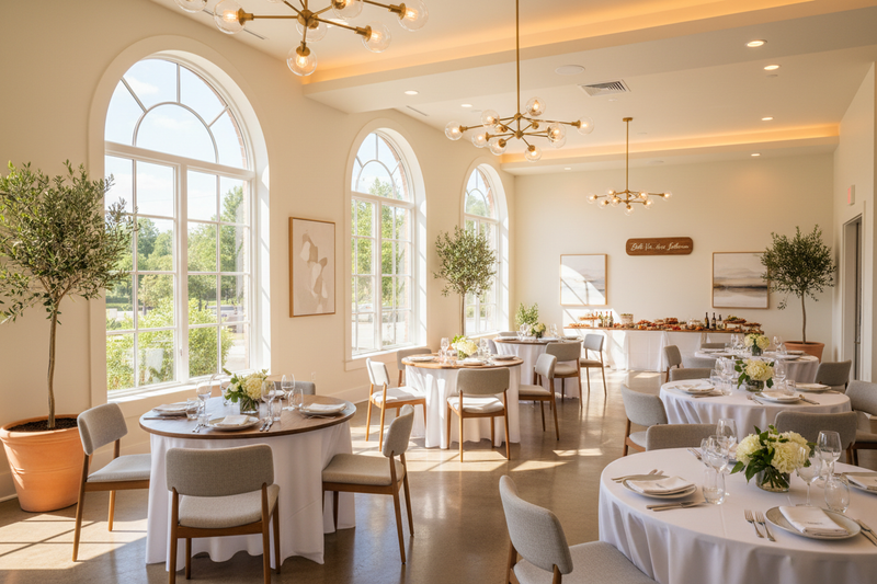 Bella Vie Lounge and Solarium at The Board Room Libertyville set up for a private event, featuring round tables with white linens, floral centerpieces, and natural light from large windows.