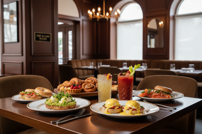 A stylish brunch spread and craft cocktails on a table at The Board Room, showcasing the upscale dining atmosphere in Downtown Libertyville, IL.