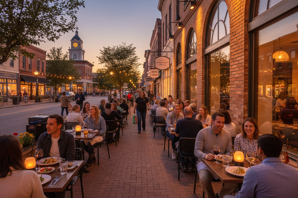Evening dining scene in downtown Libertyville, Illinois with outdoor tables, warm lights, and people enjoying meals.
