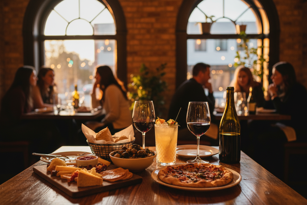 Cozy downtown Libertyville restaurant table with shared plates, craft cocktails, and wine, perfect for date nights or girls’ night out.