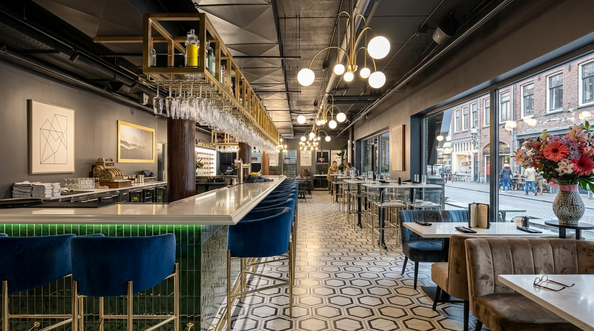 Modern upscale restaurant bar interior featuring a long marble counter with green tiled base, royal blue velvet barstools, brass sphere chandeliers, and geometric hexagon floor tiles.