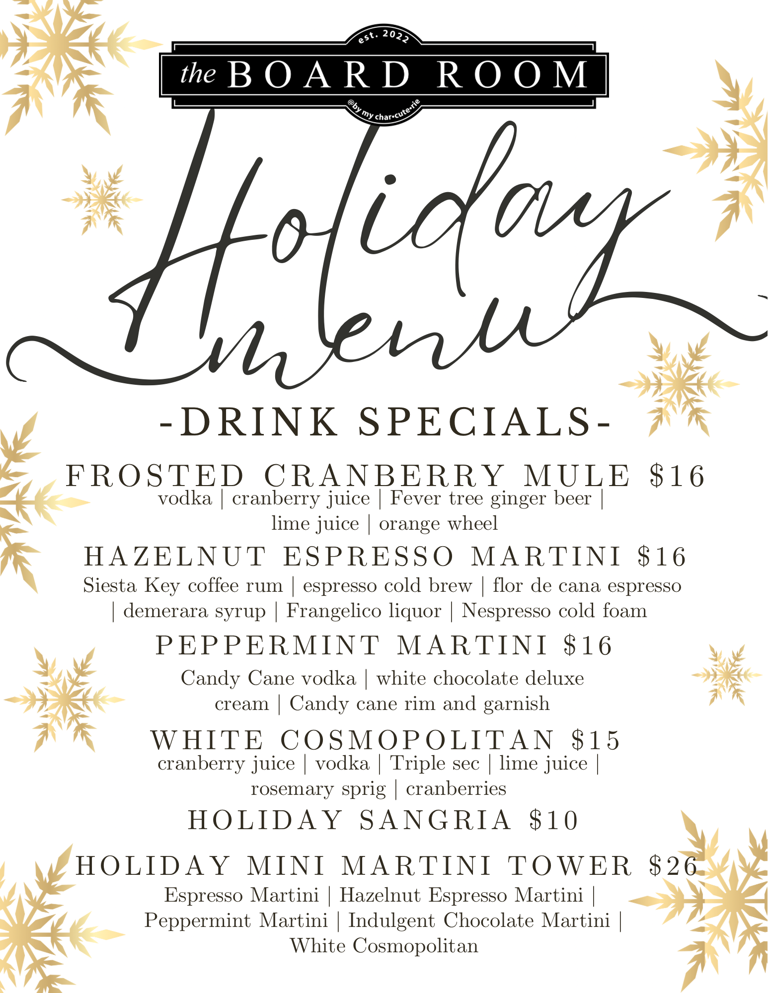 Bar Menu The Board Room Libertyville